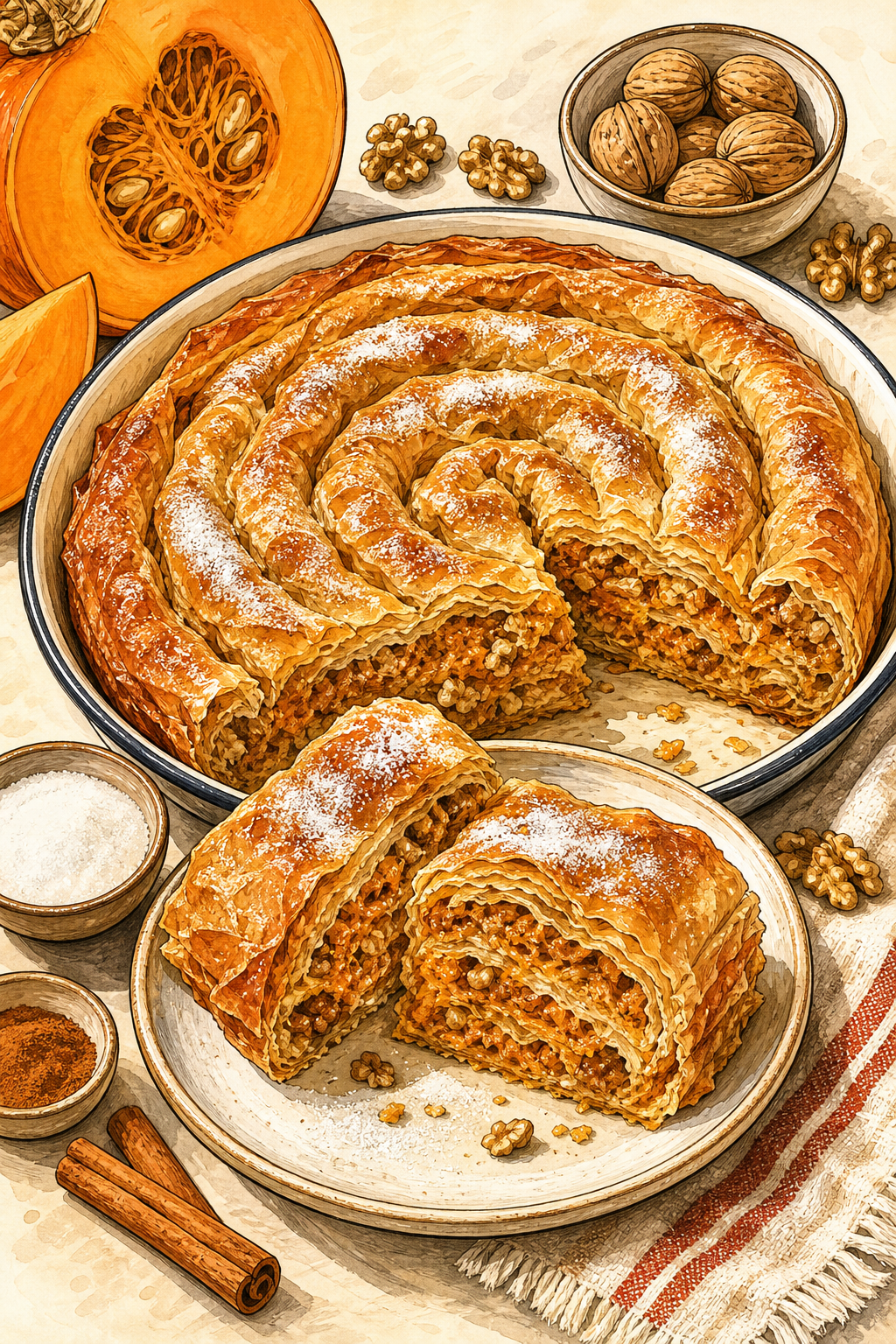 Traditional Bulgarian Tikvenik: Pumpkin, Walnut and Cinnamon Pastry illustrated recipe card