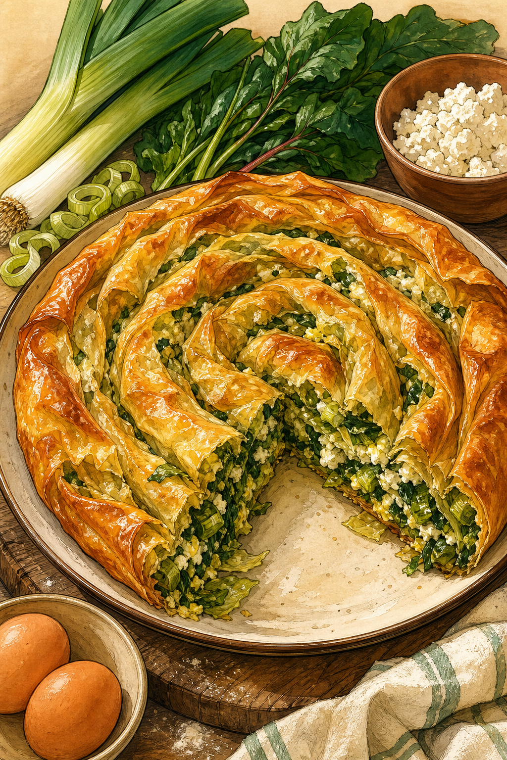 Traditional Bulgarian Zelnik: Hand-Stretched Greens and Sirene Pie illustrated recipe card