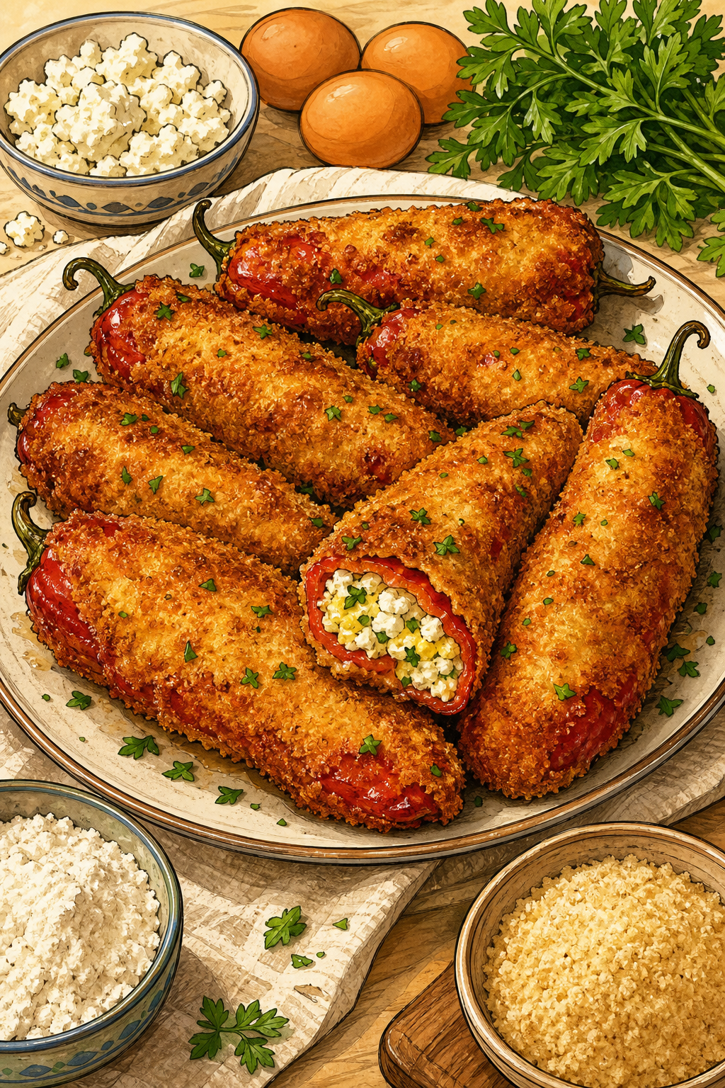 Traditional Bulgarian Chushki Burek: Cheese-Stuffed Fried Peppers illustrated recipe card
