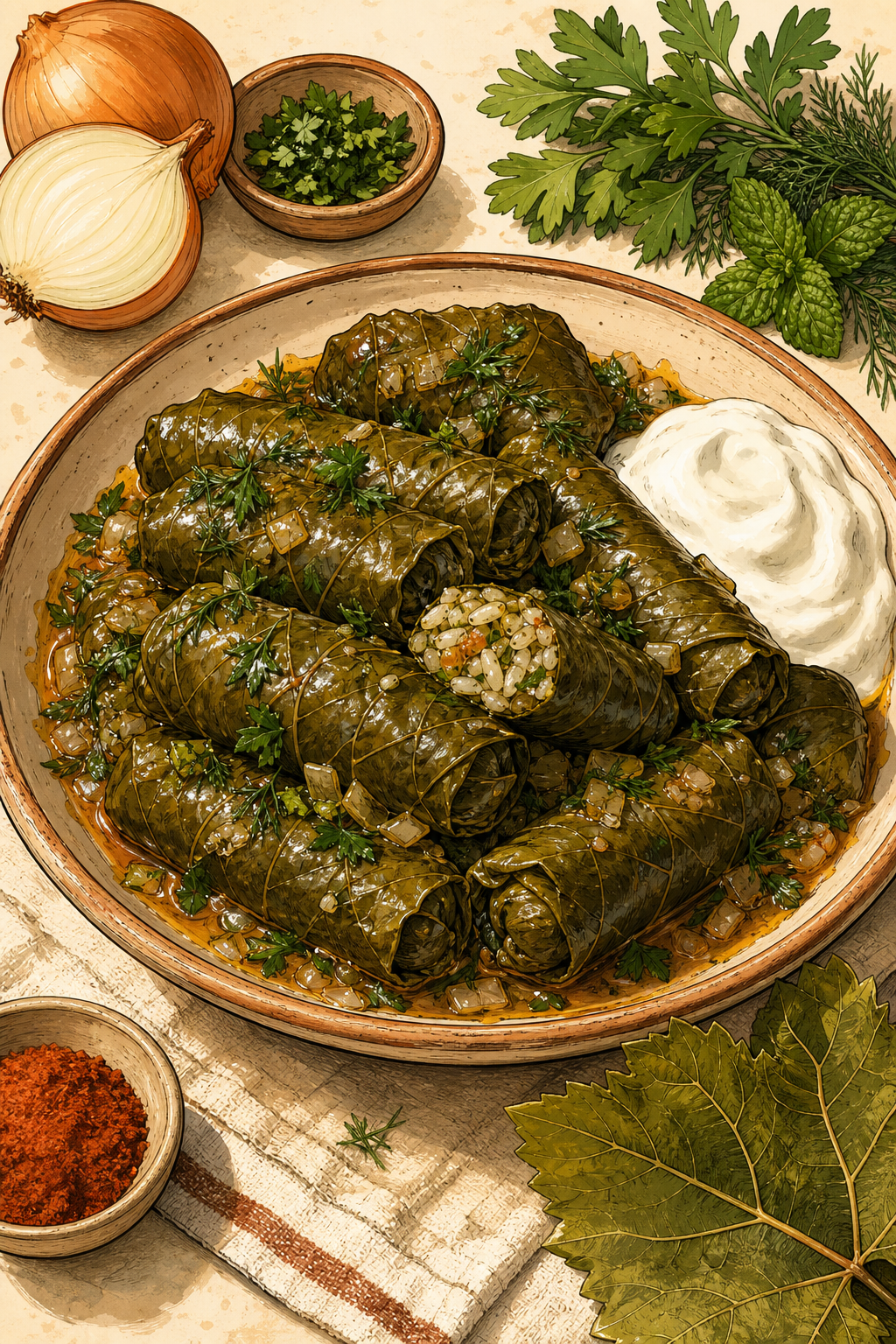 Traditional Bulgarian Lozovi Sarmi: Vine Leaves Stuffed with Rice and Herbs illustrated recipe card