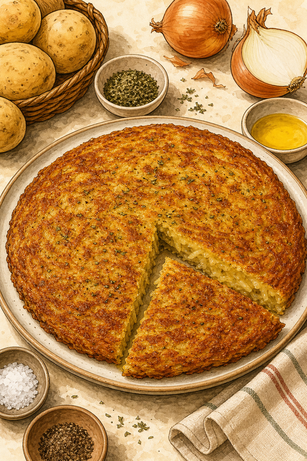 Traditional Rhodope Patatnik: Thin Pan-Cooked Potato Pancake illustrated recipe card
