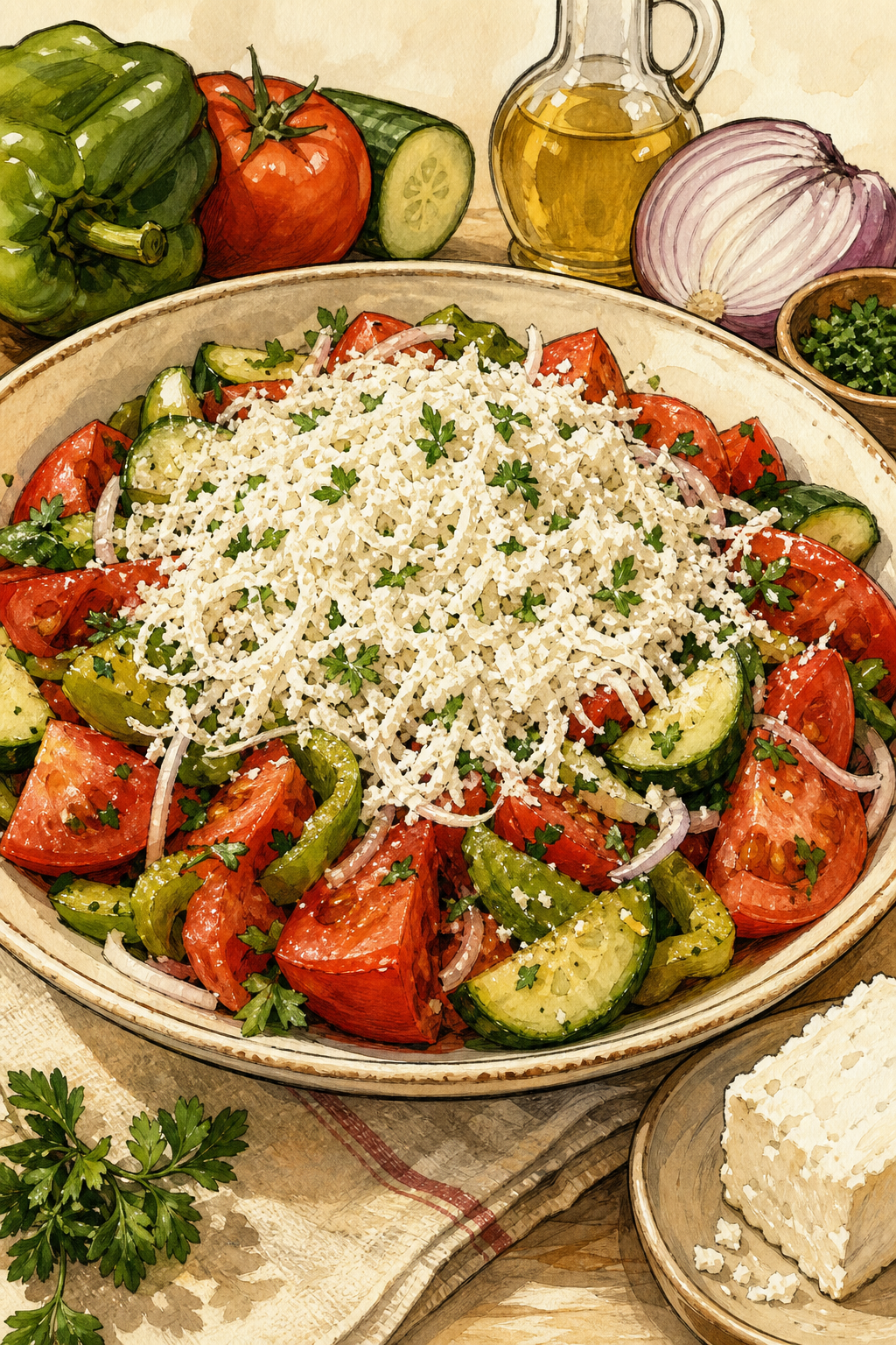 Traditional Bulgarian Shopska Salad with Tomatoes, Cucumbers and Sirene