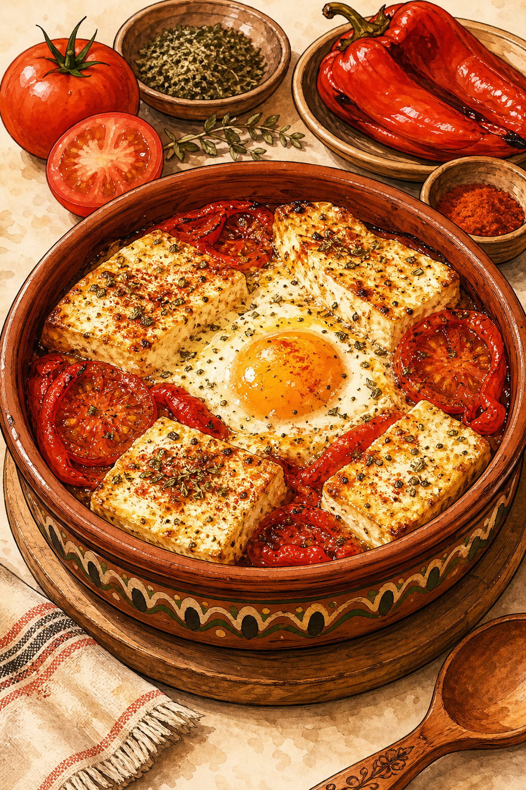 Traditional Sirene po Shopski: Baked Brined Cheese with Tomato and Egg illustrated recipe card