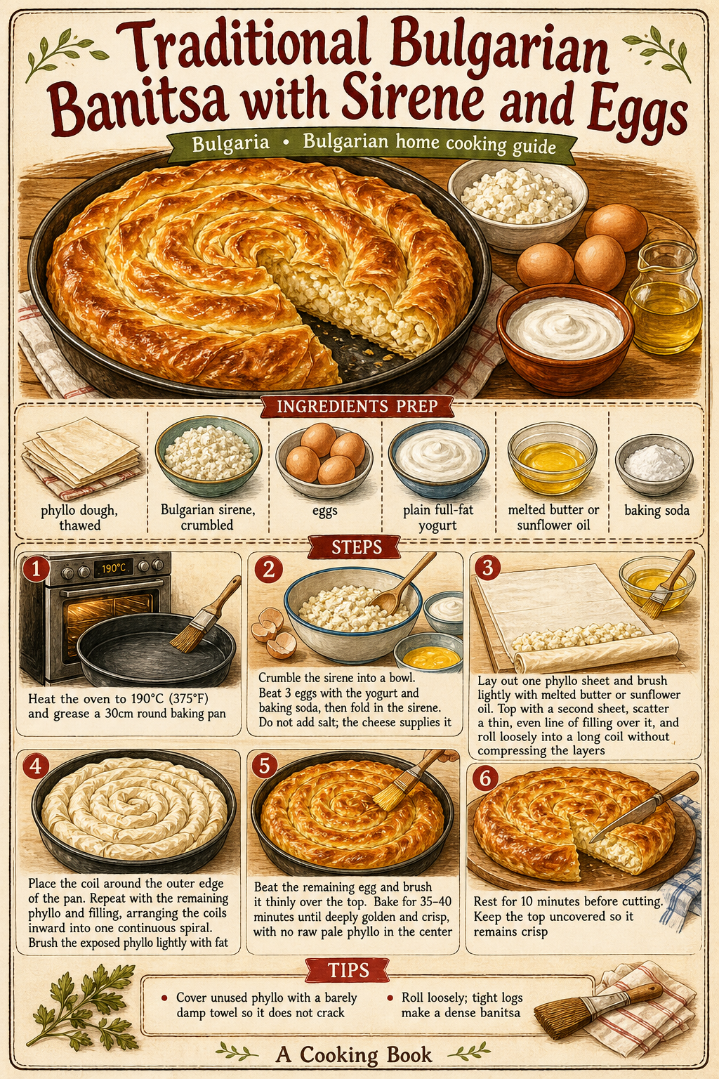 Traditional Bulgarian Banitsa with Sirene and Eggs illustrated step-by-step cooking guide