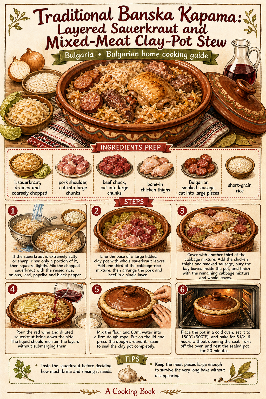 Traditional Banska Kapama: Layered Sauerkraut and Mixed-Meat Clay-Pot Stew illustrated step-by-step cooking guide