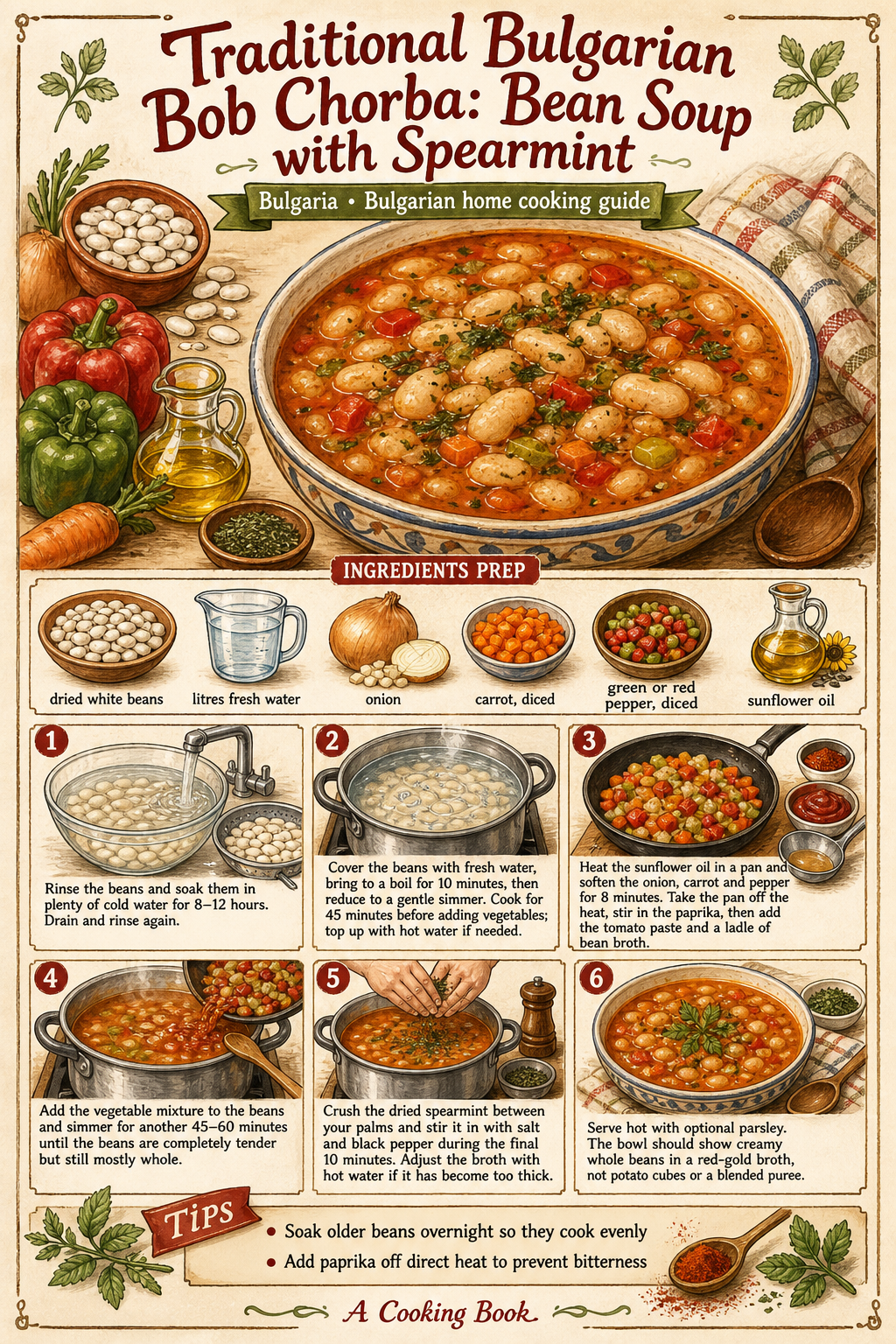 Traditional Bulgarian Bob Chorba: Bean Soup with Spearmint illustrated step-by-step cooking guide