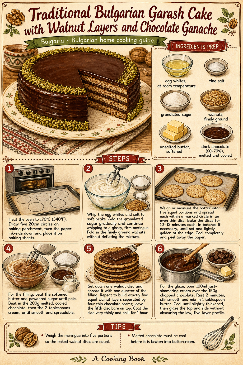 Traditional Bulgarian Garash Cake with Walnut Layers and Chocolate Ganache illustrated step-by-step cooking guide