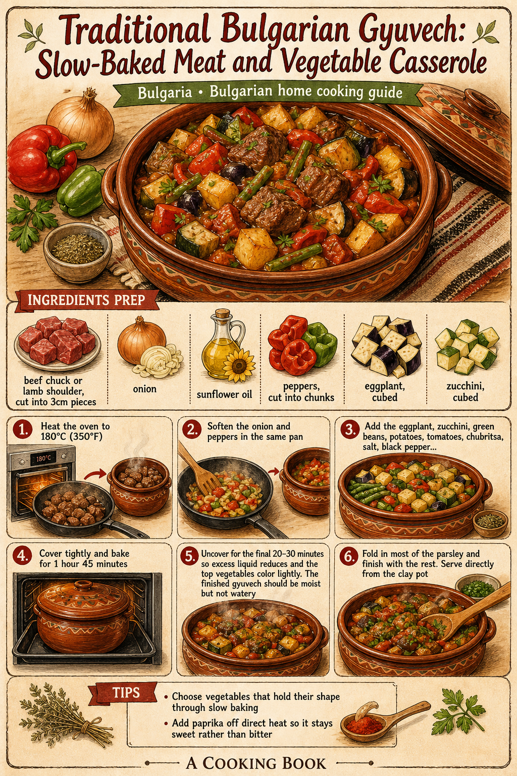 Traditional Bulgarian Gyuvech: Slow-Baked Meat and Vegetable Casserole illustrated step-by-step cooking guide