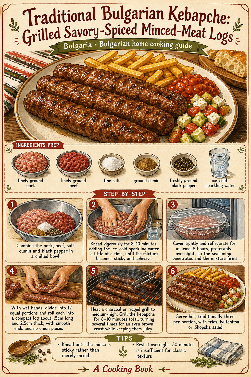 Traditional Bulgarian Kebapche: Grilled Savory-Spiced Minced-Meat Logs illustrated step-by-step cooking guide