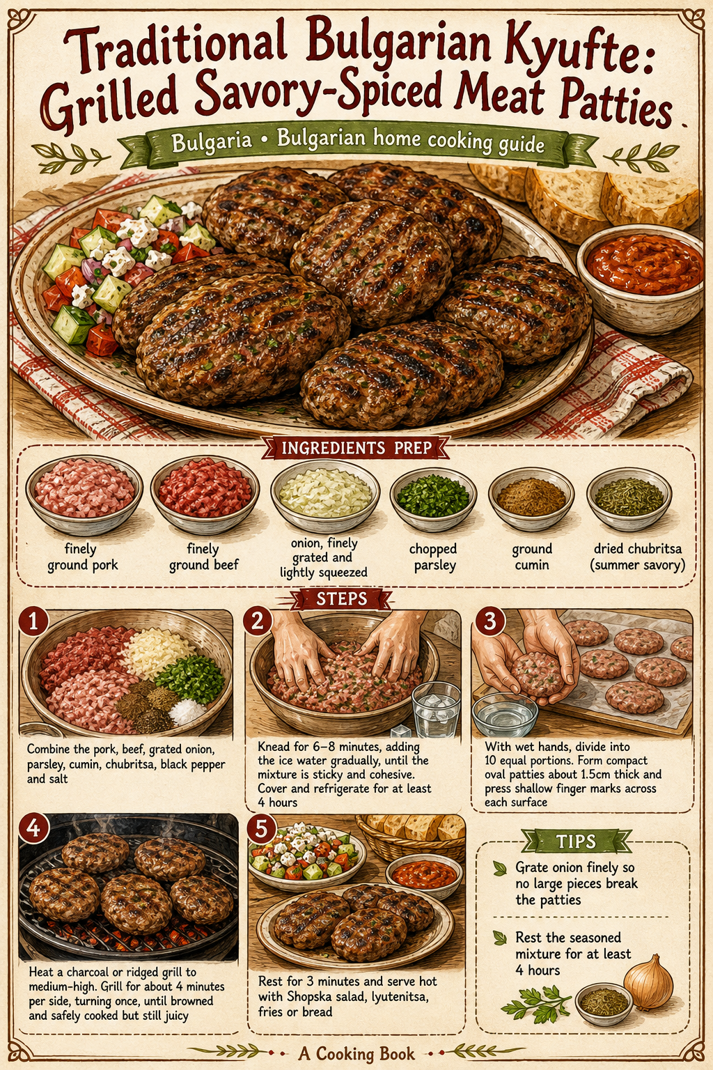 Traditional Bulgarian Kyufte: Grilled Savory-Spiced Meat Patties illustrated step-by-step cooking guide