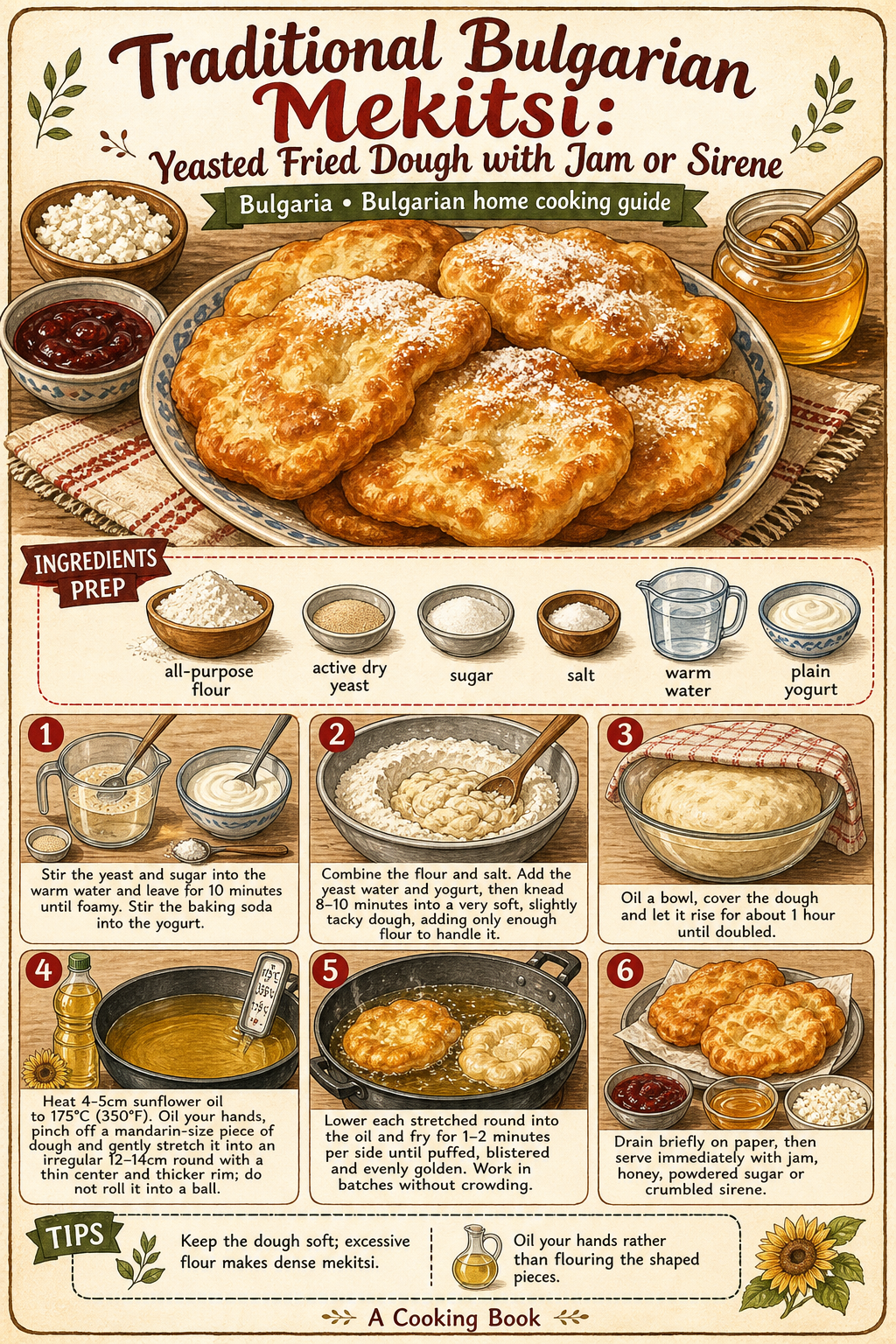 Traditional Bulgarian Mekitsi: Yeasted Fried Dough with Jam or Sirene illustrated step-by-step cooking guide