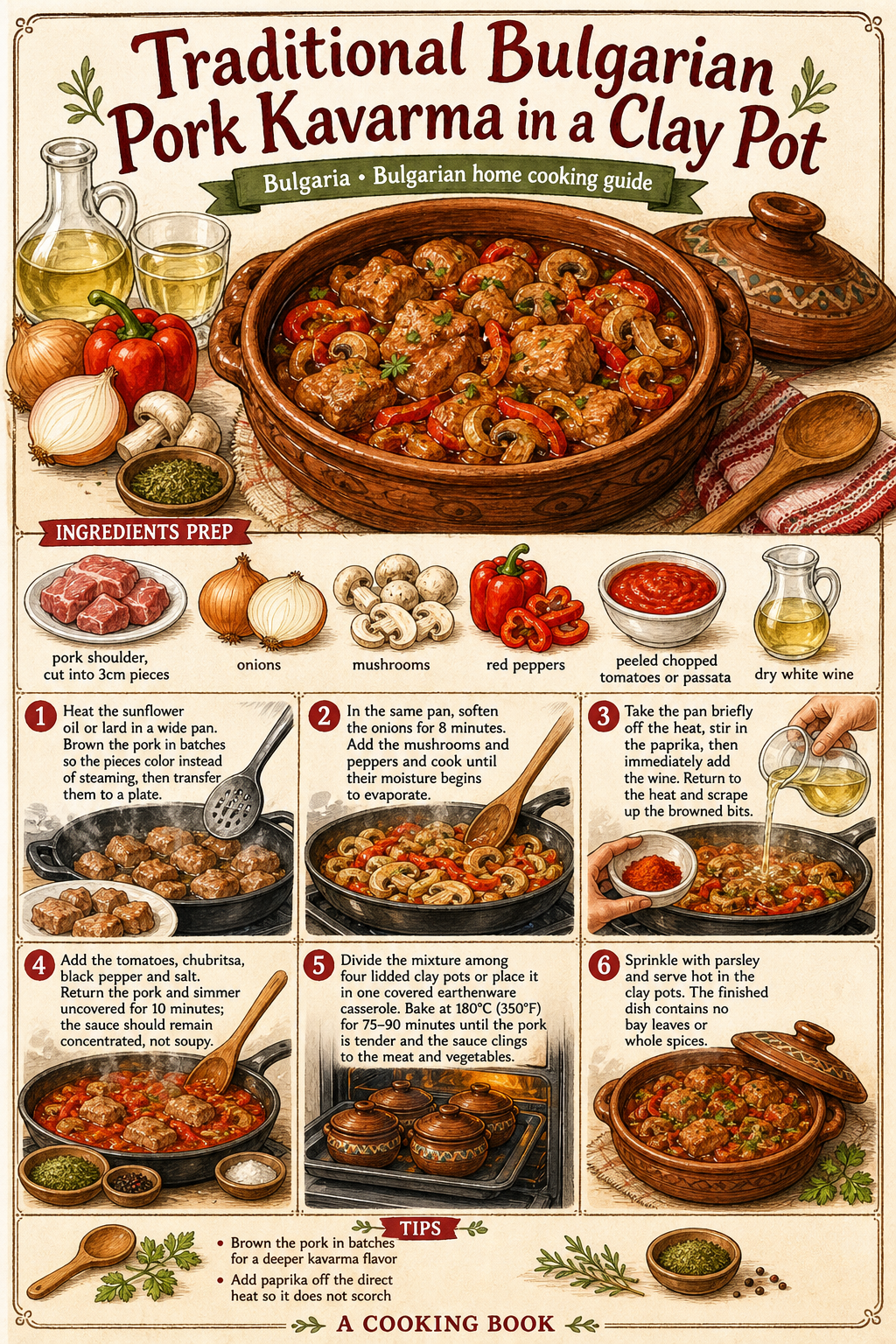 Traditional Bulgarian Pork Kavarma in a Clay Pot illustrated step-by-step cooking guide