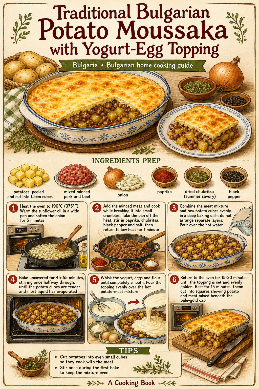 Traditional Bulgarian Potato Moussaka with Yogurt-Egg Topping illustrated step-by-step cooking guide