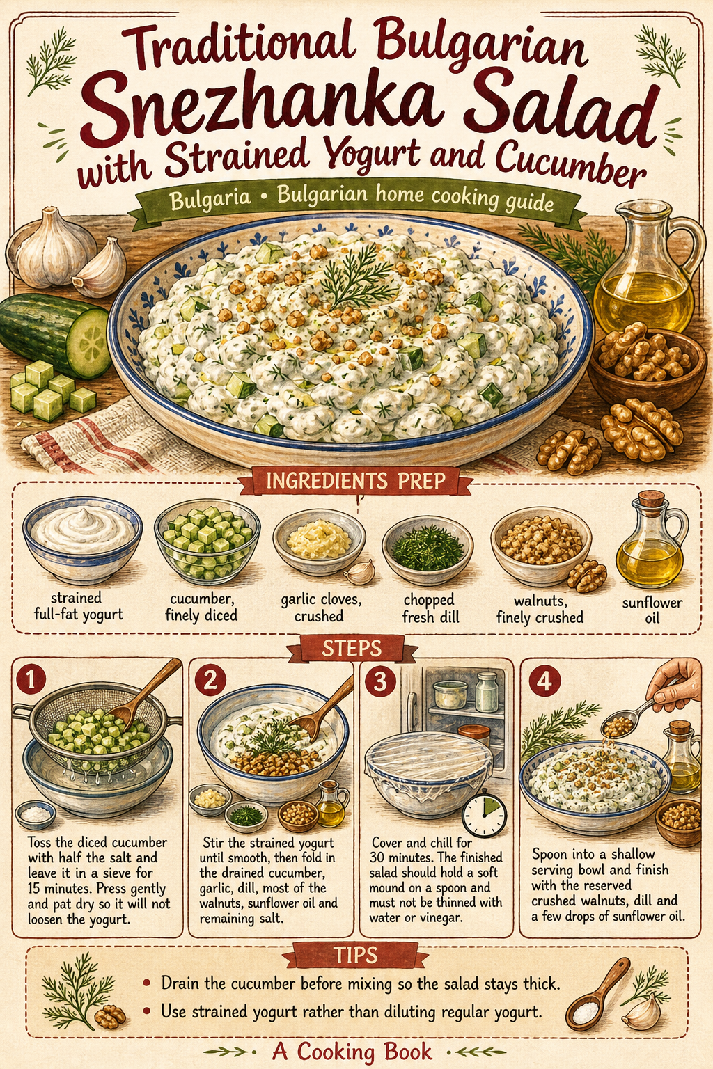 Traditional Bulgarian Snezhanka Salad with Strained Yogurt and Cucumber illustrated step-by-step cooking guide