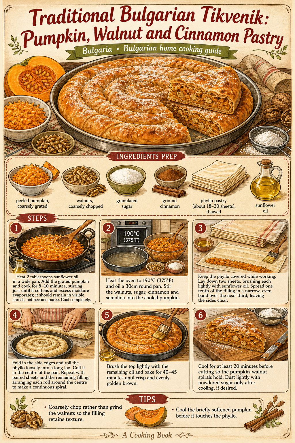 Traditional Bulgarian Tikvenik: Pumpkin, Walnut and Cinnamon Pastry illustrated step-by-step cooking guide