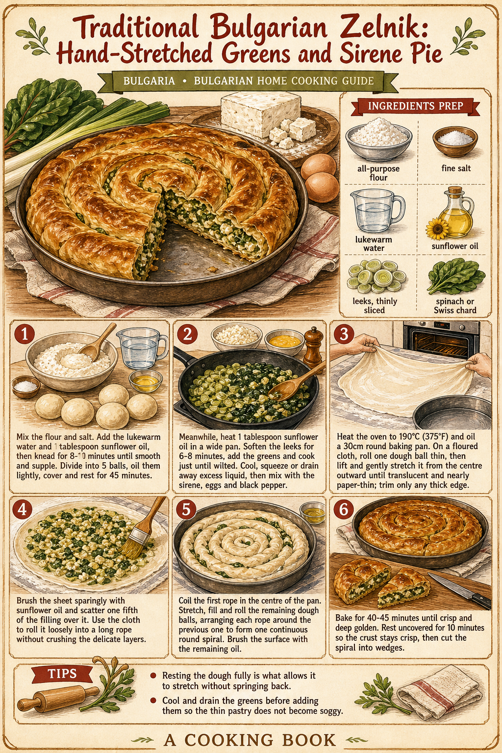 Traditional Bulgarian Zelnik: Hand-Stretched Greens and Sirene Pie illustrated step-by-step cooking guide