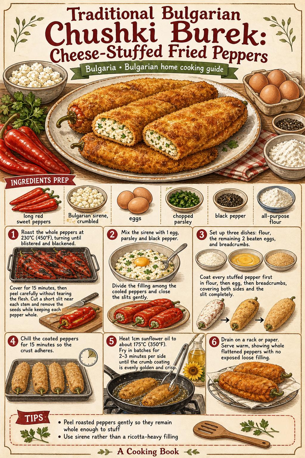 Traditional Bulgarian Chushki Burek: Cheese-Stuffed Fried Peppers illustrated step-by-step cooking guide