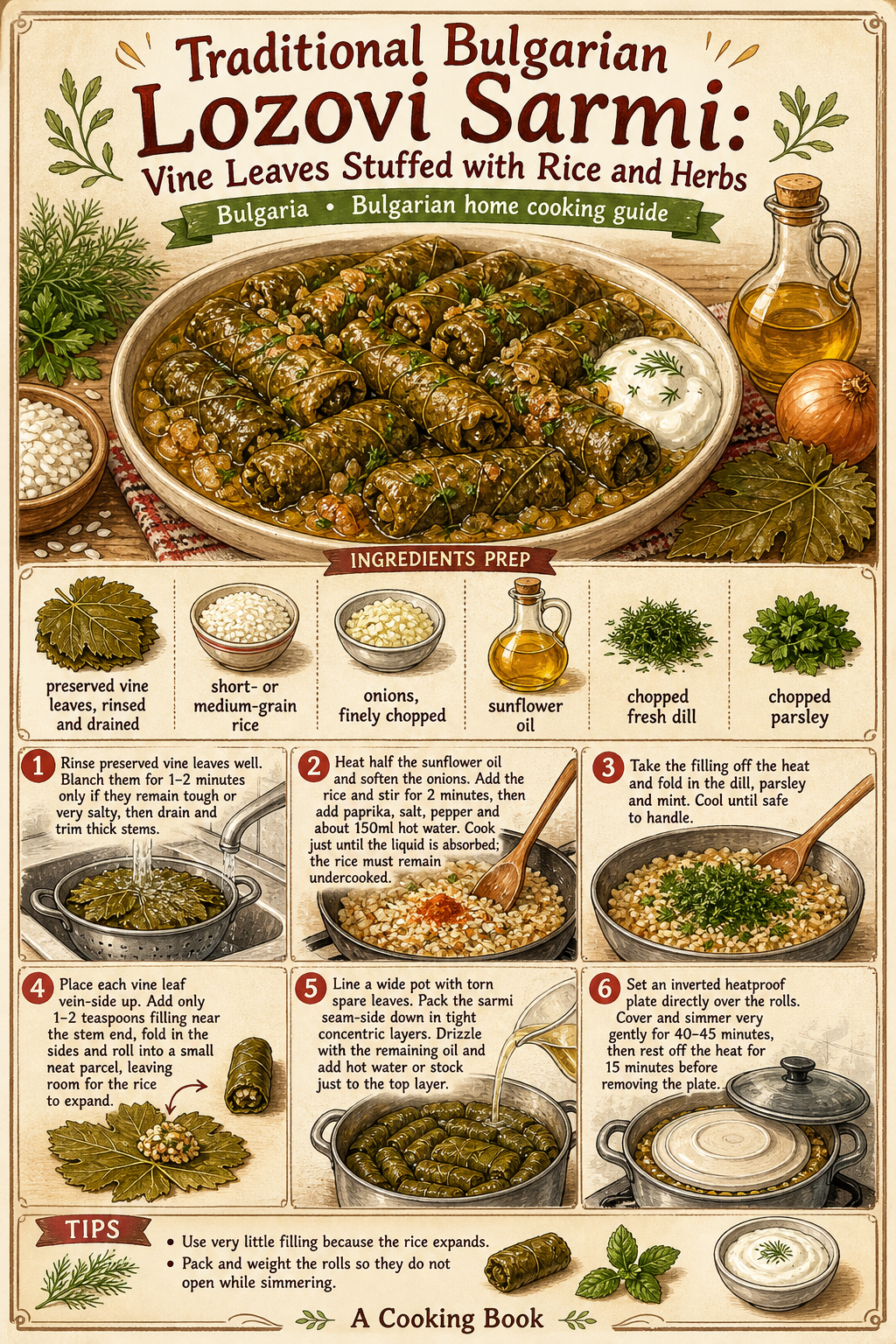 Traditional Bulgarian Lozovi Sarmi: Vine Leaves Stuffed with Rice and Herbs illustrated step-by-step cooking guide