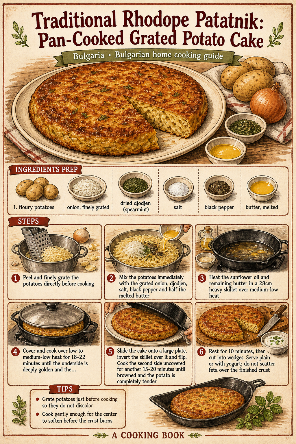 Traditional Rhodope Patatnik: Thin Pan-Cooked Potato Pancake illustrated step-by-step cooking guide