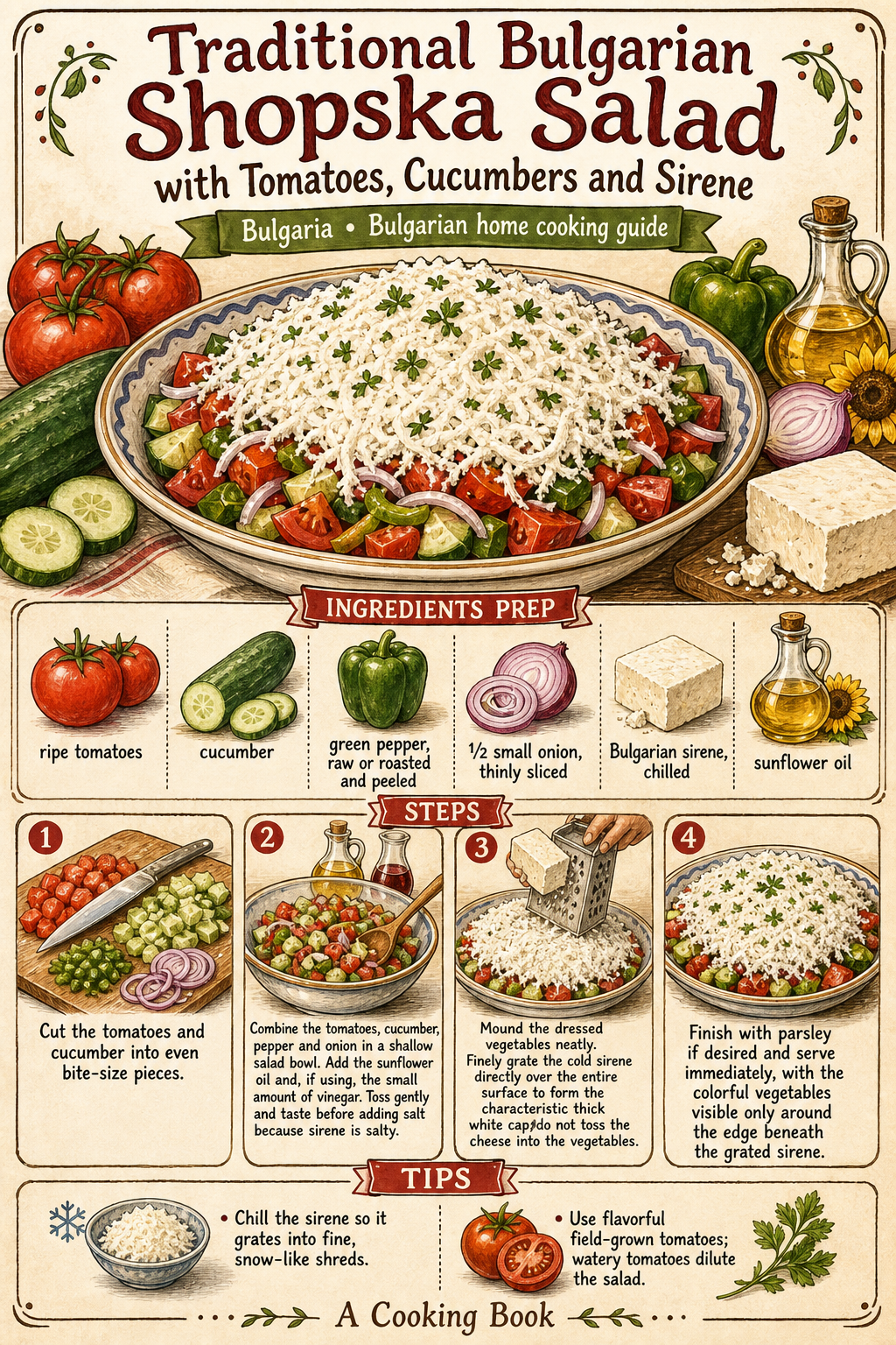 Traditional Bulgarian Shopska Salad with Tomatoes, Cucumbers and Sirene illustrated step-by-step cooking guide
