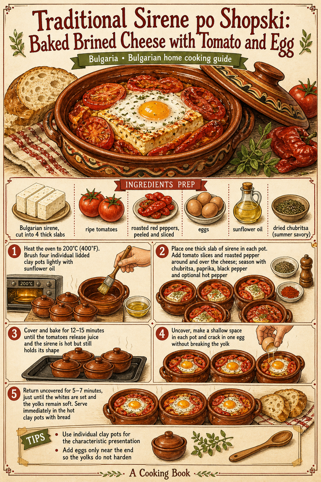Traditional Sirene po Shopski: Baked Brined Cheese with Tomato and Egg illustrated step-by-step cooking guide