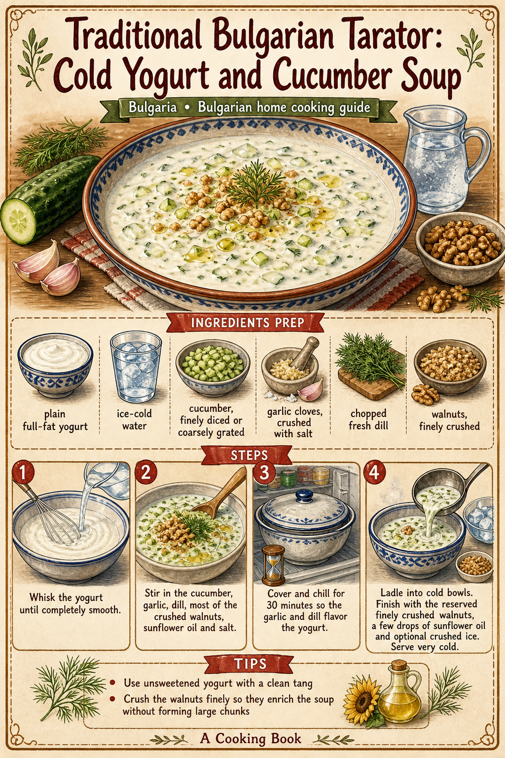 Traditional Bulgarian Tarator: Cold Yogurt and Cucumber Soup illustrated step-by-step cooking guide