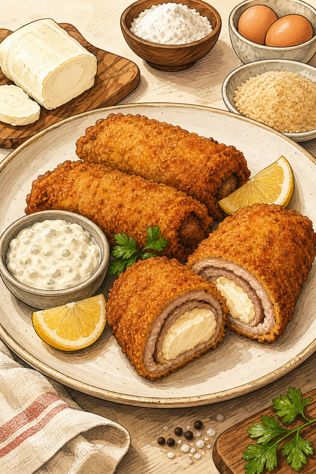 Traditional Karađorđeva Šnicla Filled with Kajmak illustrated recipe card