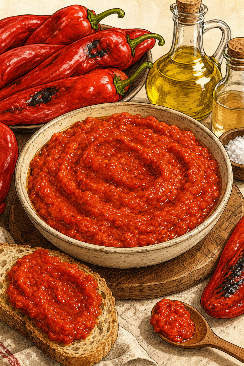Traditional Leskovac Ajvar from Roasted Red Peppers illustrated recipe card