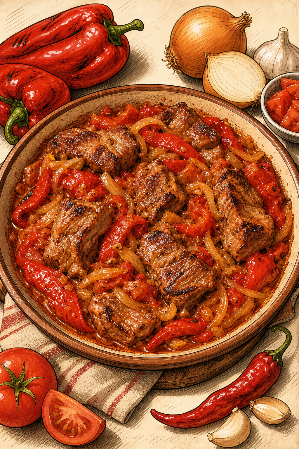 Traditional Leskovačka Mućkalica with Grilled Pork and Peppers