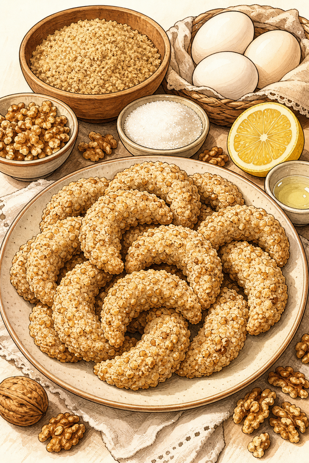 Traditional Serbian Orasnice Walnut Crescent Cookies illustrated recipe card