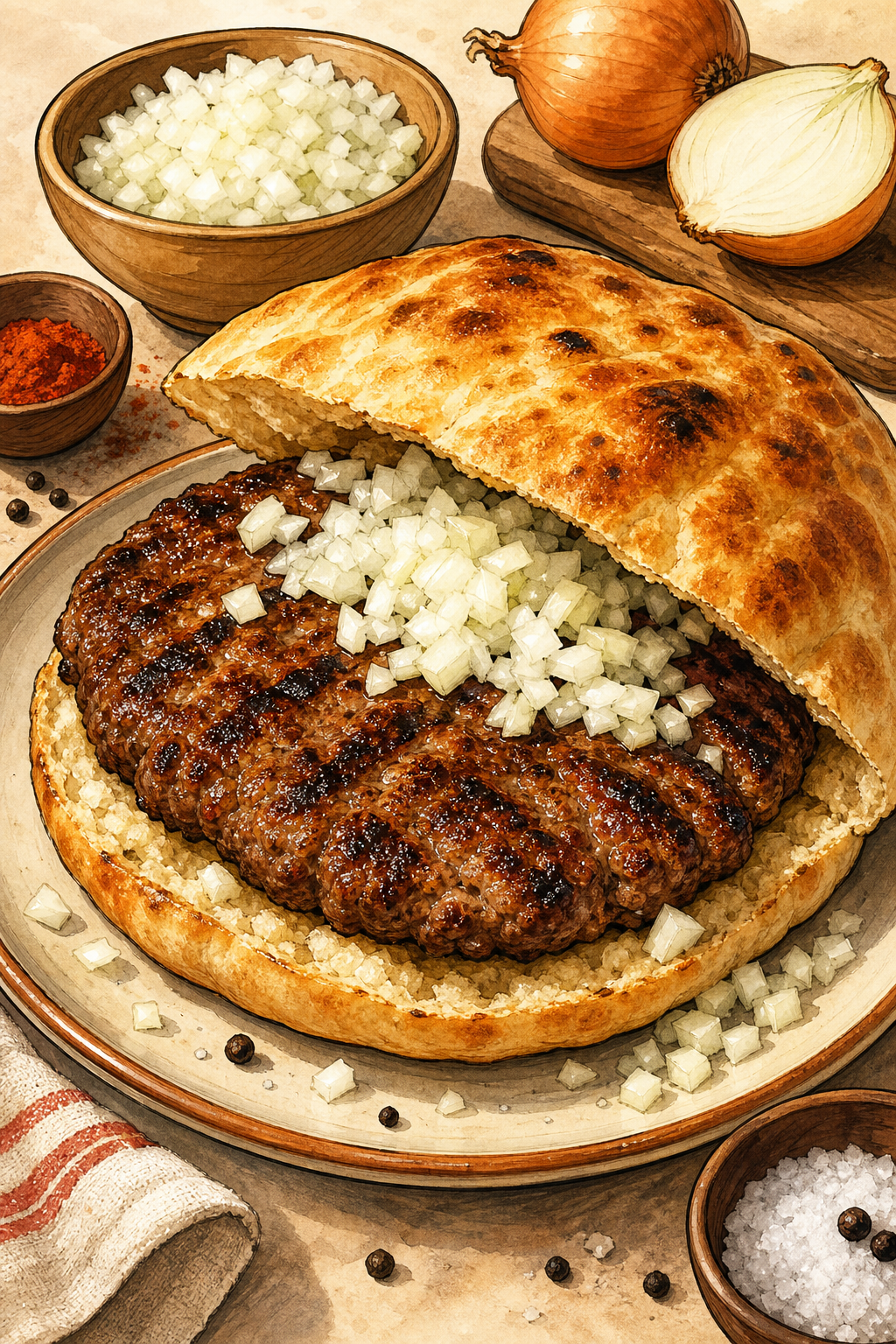 Traditional Serbian Pljeskavica with Onion and Lepinja
