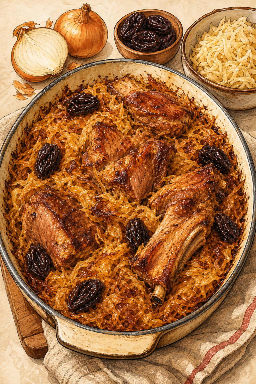 Traditional Serbian Podvarak with Pork and Dried Plums illustrated recipe card