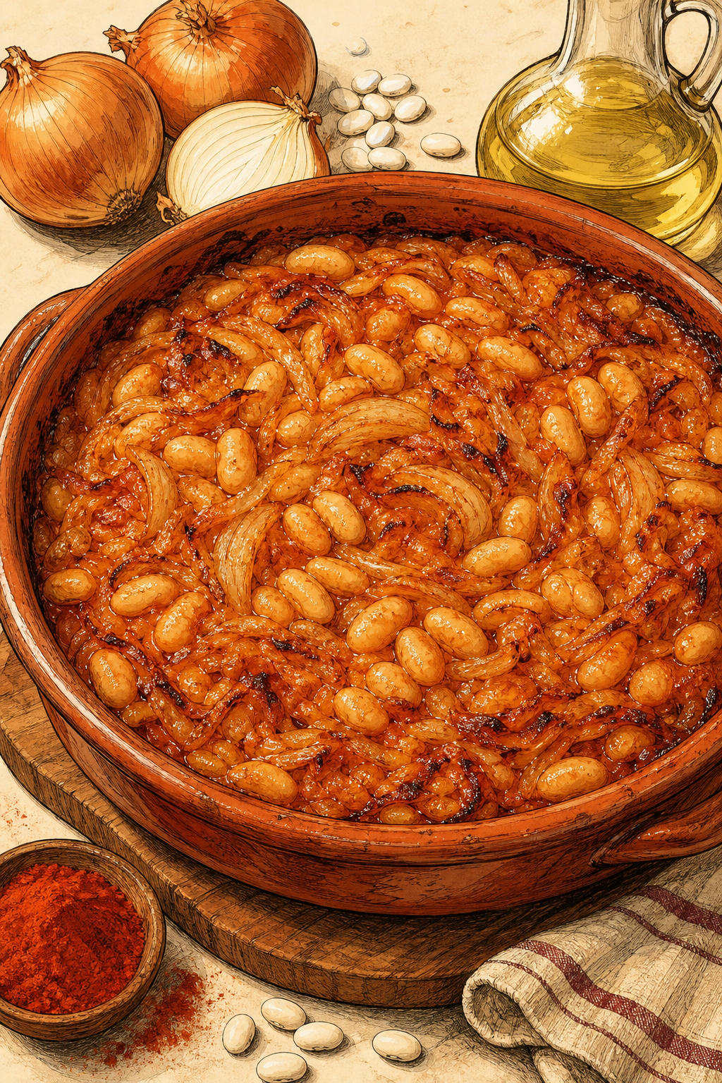 Traditional Serbian Prebranac Baked Beans illustrated recipe card