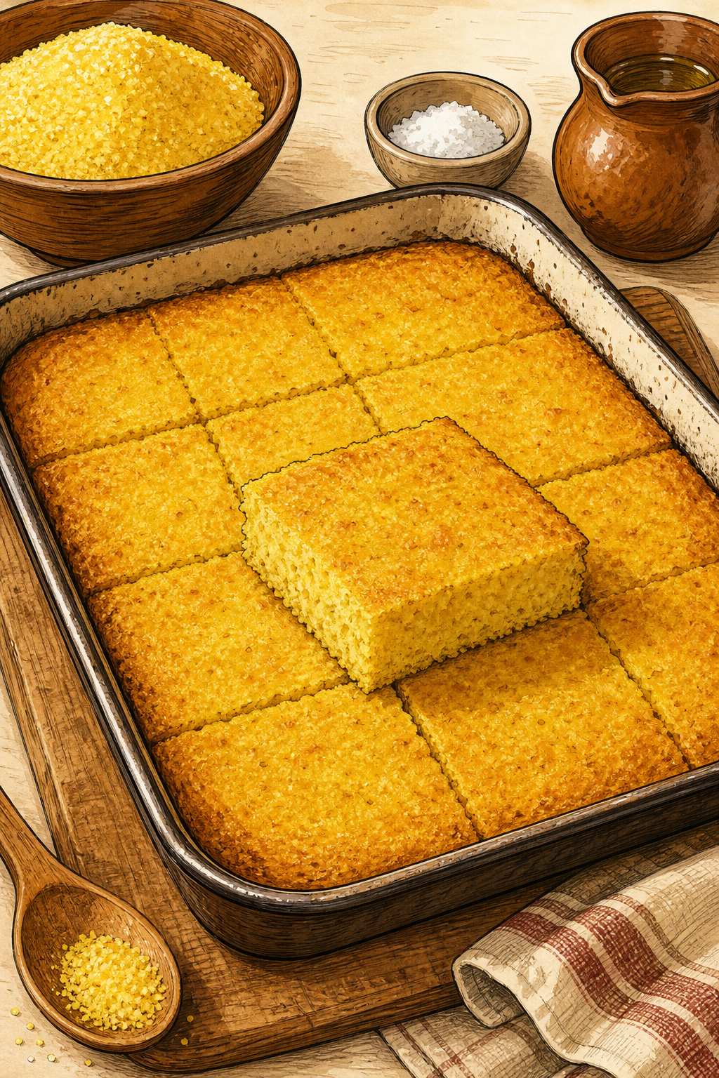 Traditional Low, Dense Serbian Proja Cornbread illustrated recipe card