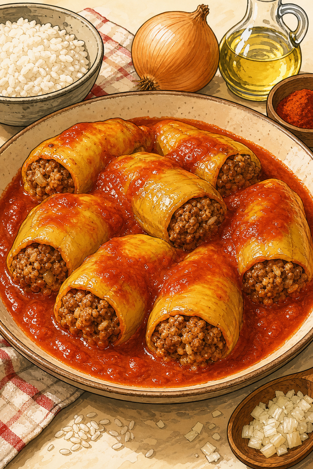 Traditional Serbian Punjene Paprike in Tomato Sauce
