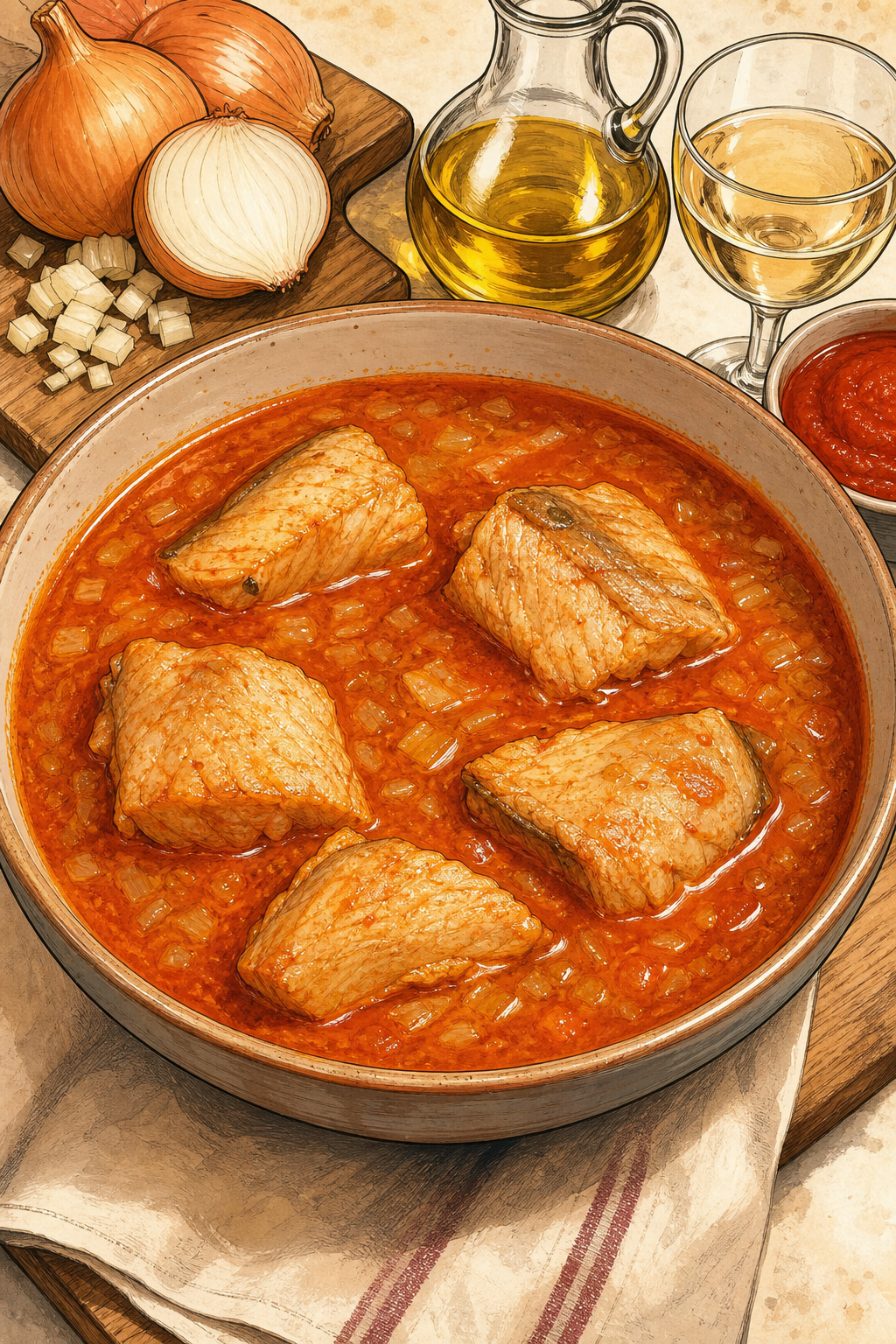 Traditional Serbian Danube Riblja Čorba illustrated recipe card