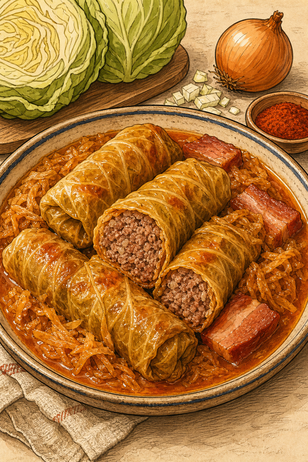 Traditional Serbian Sarma in Sour Cabbage Leaves illustrated recipe card