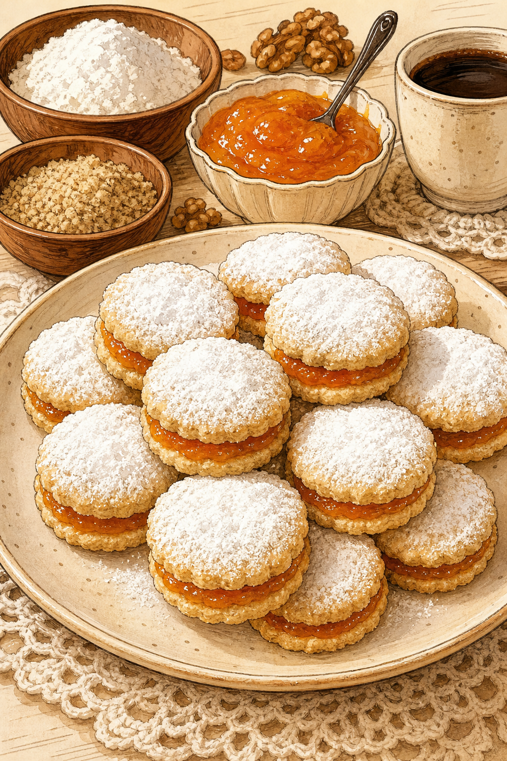 Traditional Serbian Vanilice with Apricot Jam illustrated recipe card