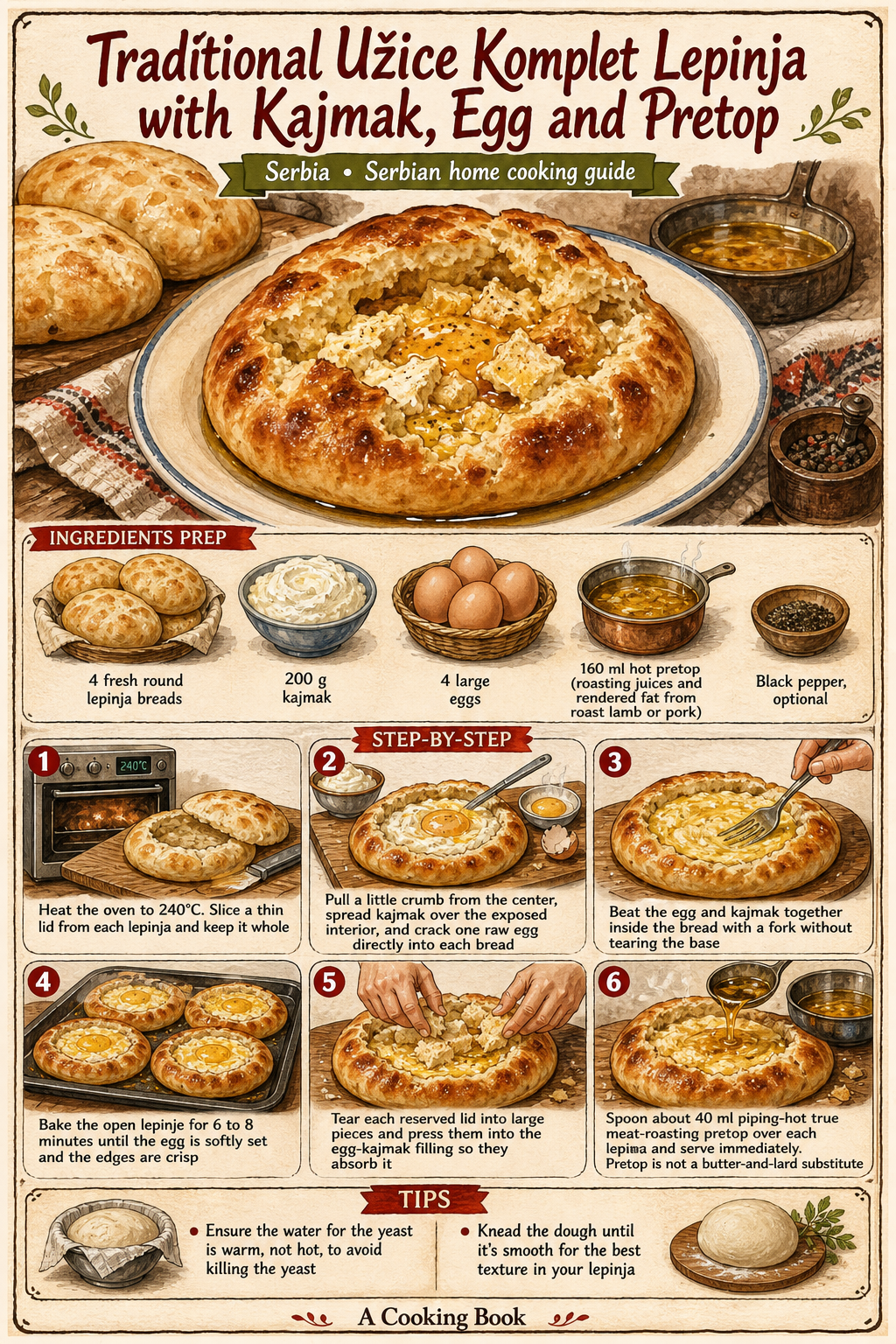 Traditional Užice Komplet Lepinja with Beaten Egg, Kajmak and Pretop illustrated step-by-step cooking guide