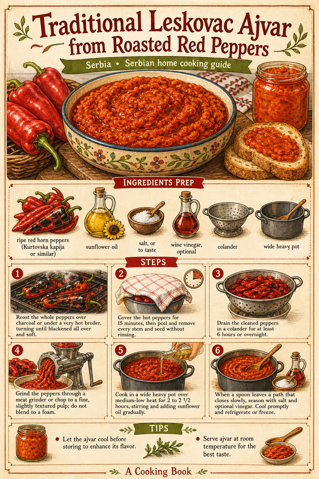 Traditional Leskovac Ajvar from Roasted Red Peppers illustrated step-by-step cooking guide