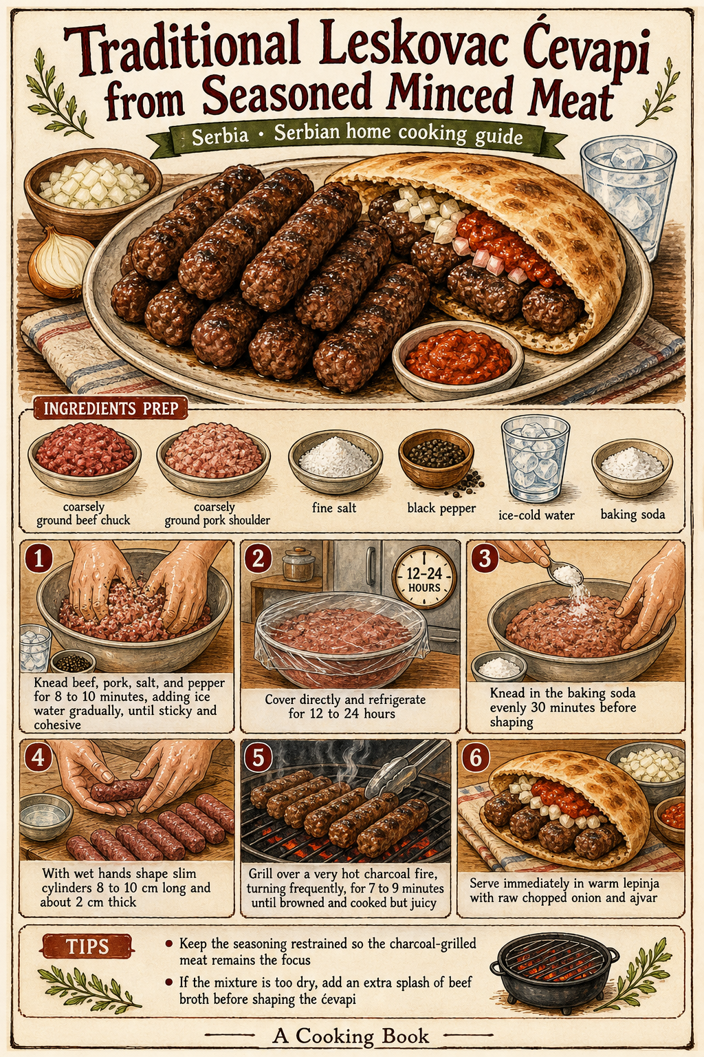 Traditional Leskovac Ćevapi from Seasoned Minced Meat illustrated step-by-step cooking guide