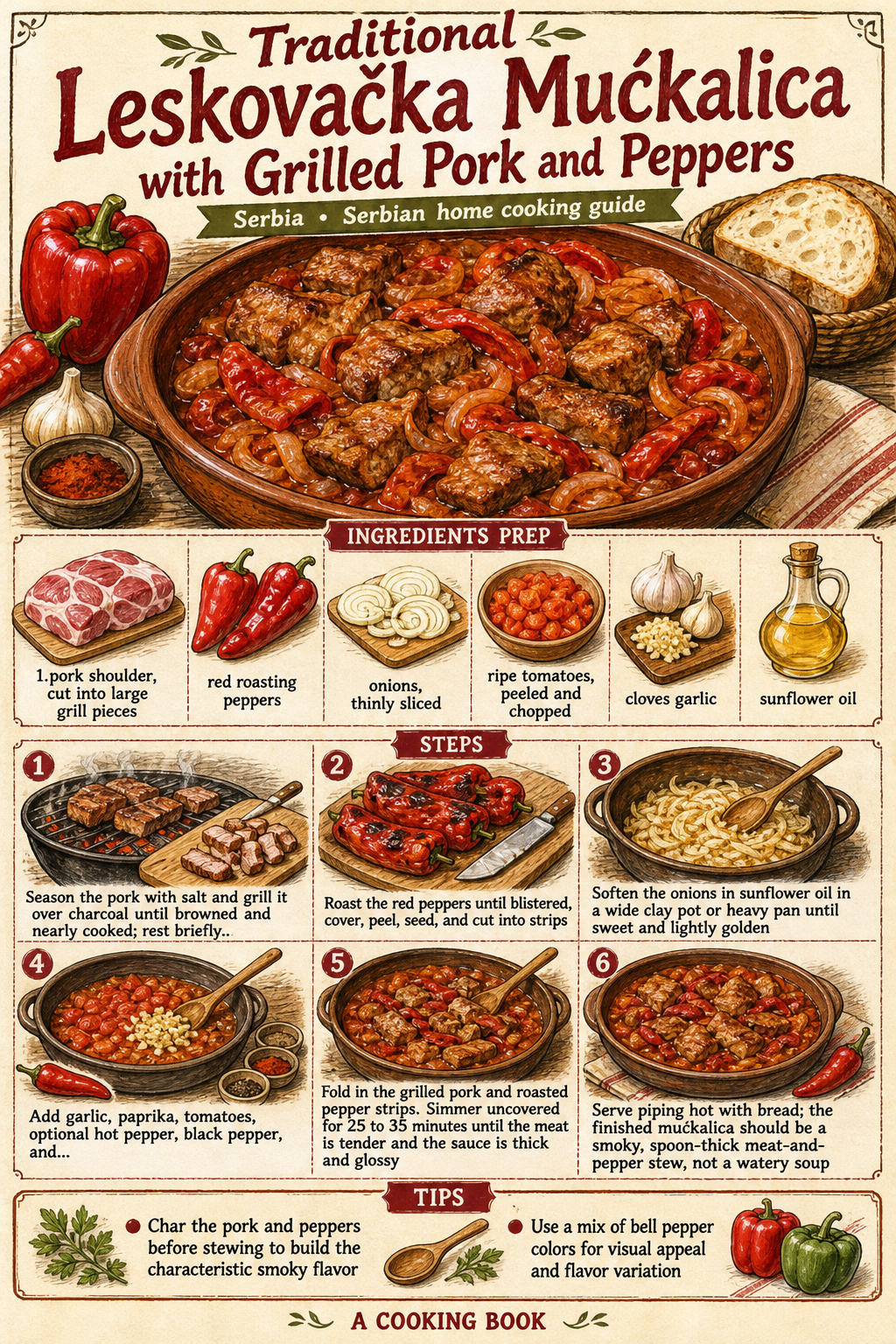 Traditional Leskovačka Mućkalica with Grilled Pork and Peppers illustrated step-by-step cooking guide