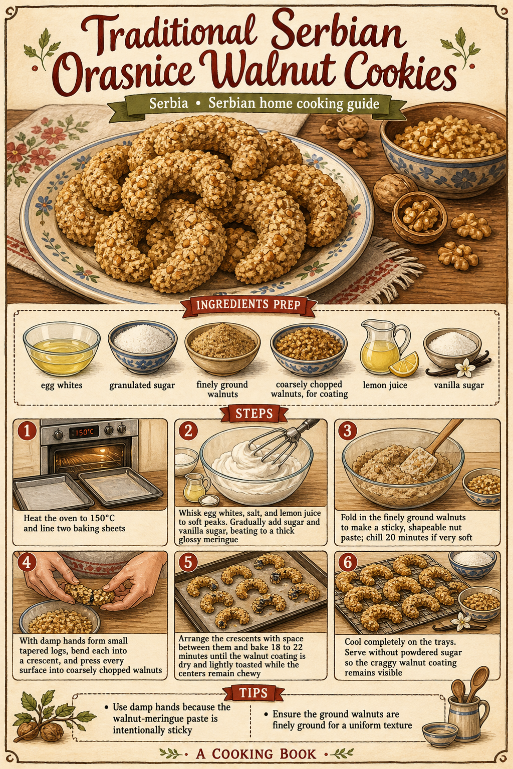 Traditional Serbian Orasnice Walnut Crescent Cookies illustrated step-by-step cooking guide