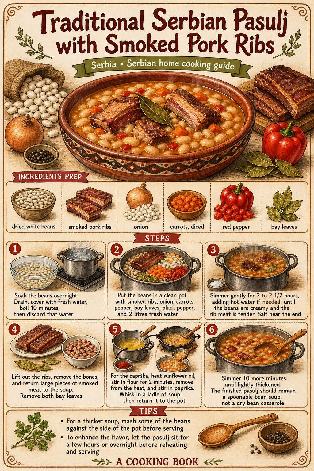 Traditional Serbian Pasulj with Smoked Pork Ribs illustrated step-by-step cooking guide