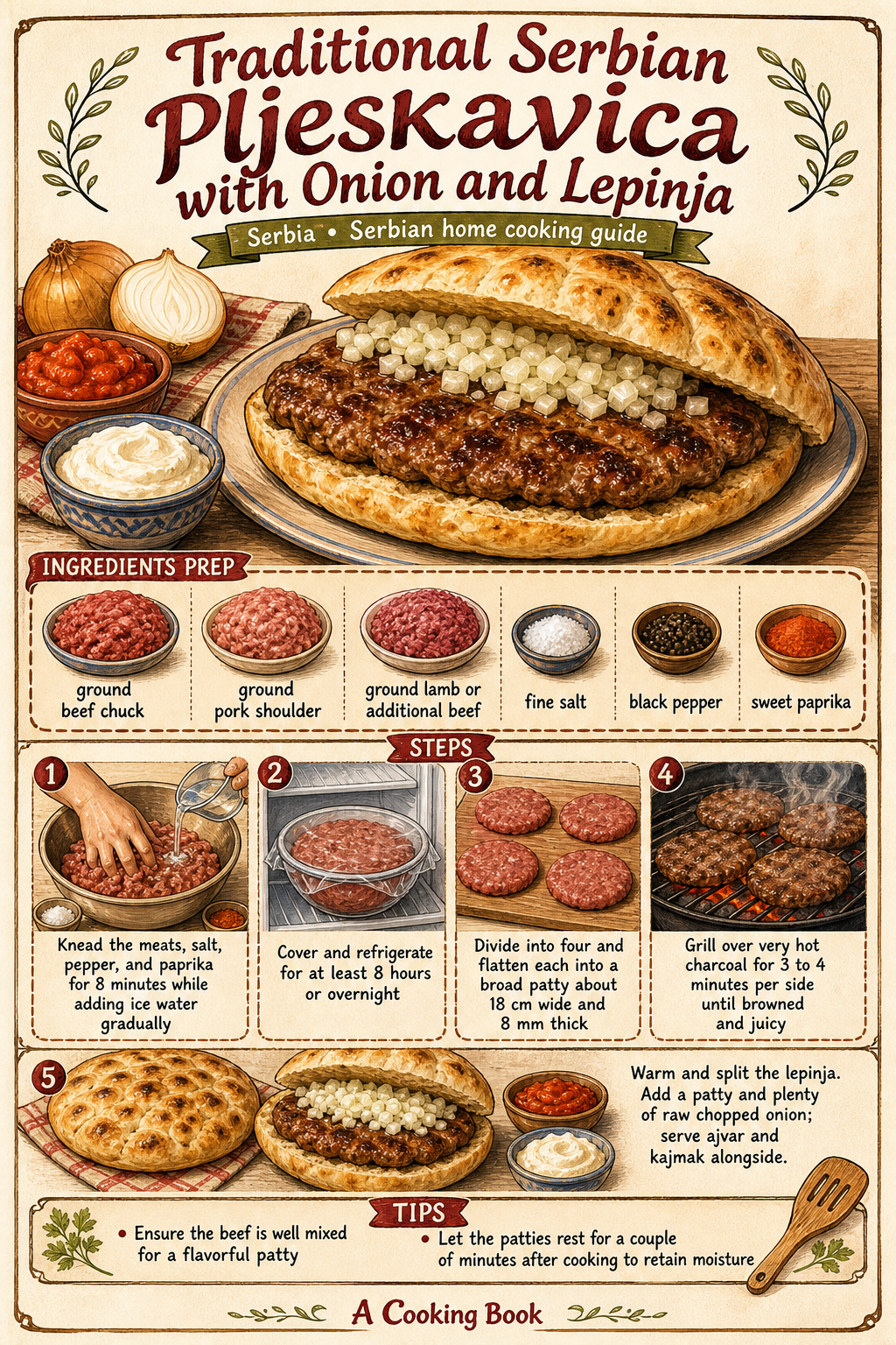 Traditional Serbian Pljeskavica with Onion and Lepinja illustrated step-by-step cooking guide