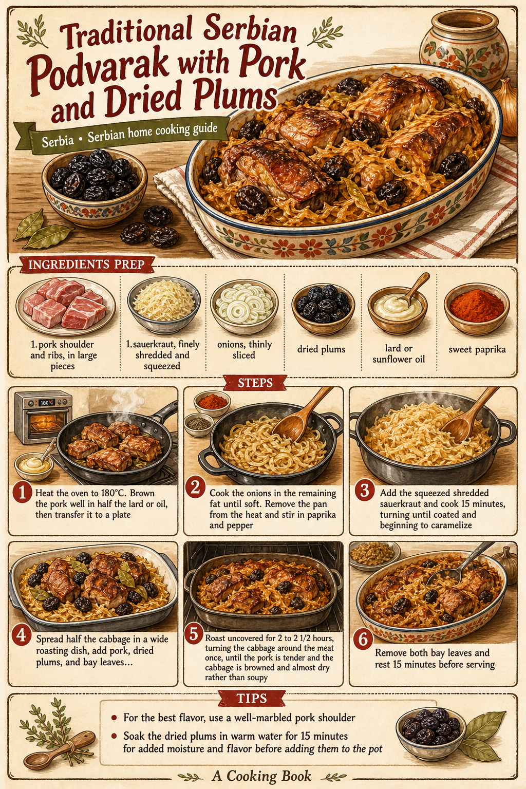 Traditional Serbian Podvarak with Pork and Dried Plums illustrated step-by-step cooking guide