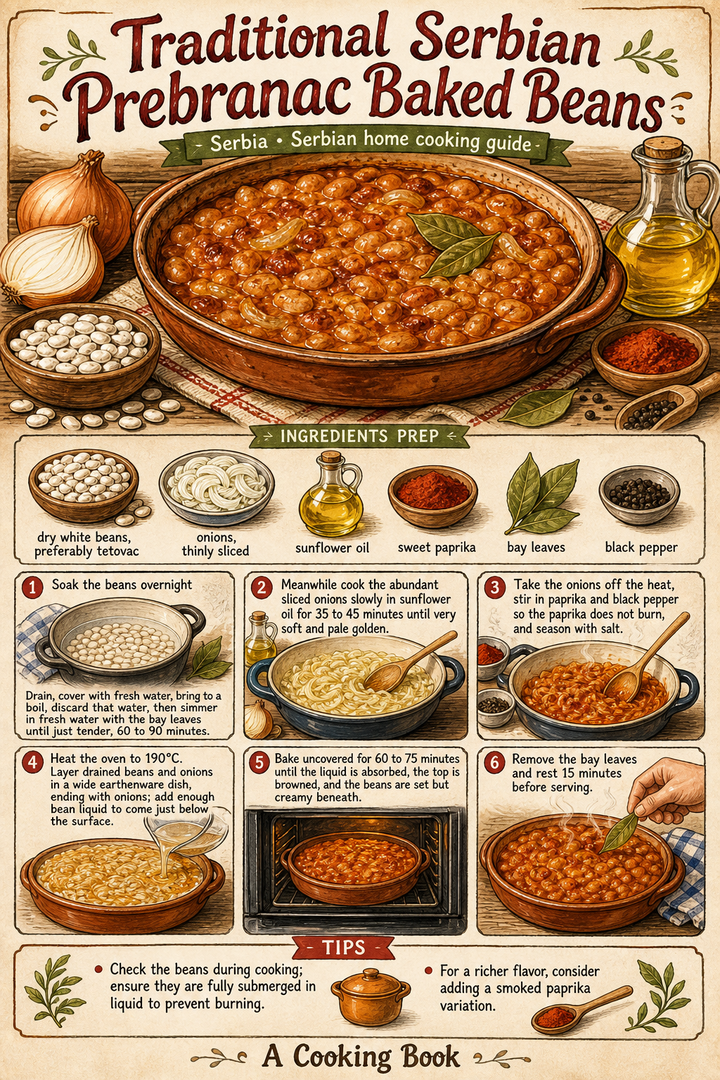 Traditional Serbian Prebranac Baked Beans illustrated step-by-step cooking guide