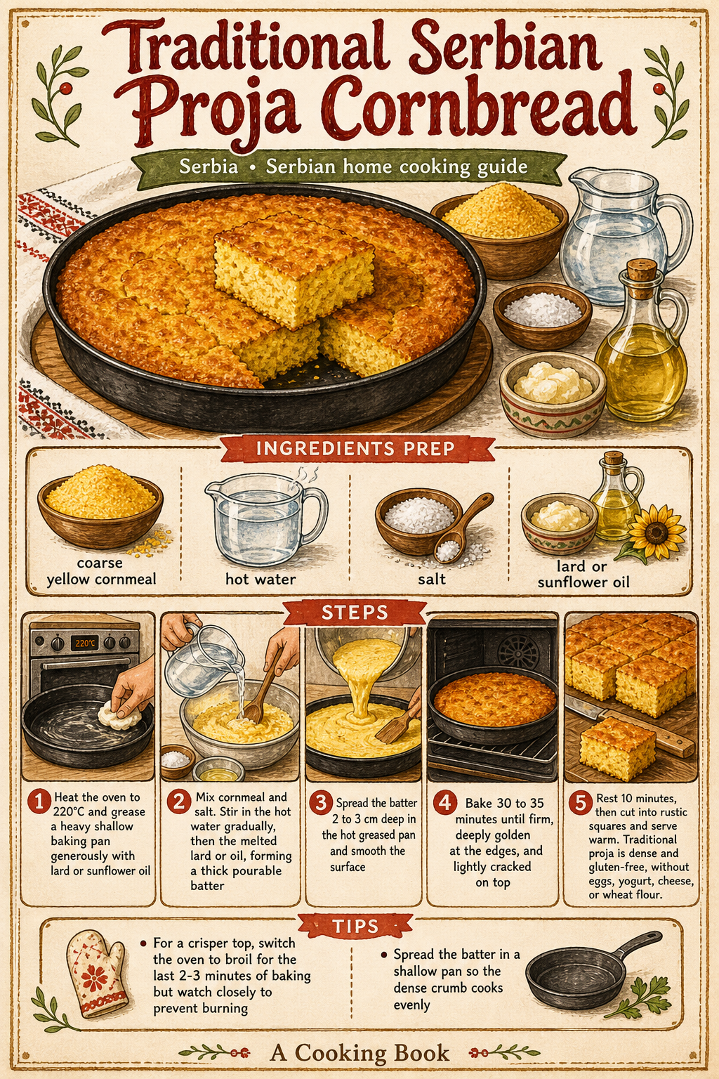 Traditional Low, Dense Serbian Proja Cornbread illustrated step-by-step cooking guide