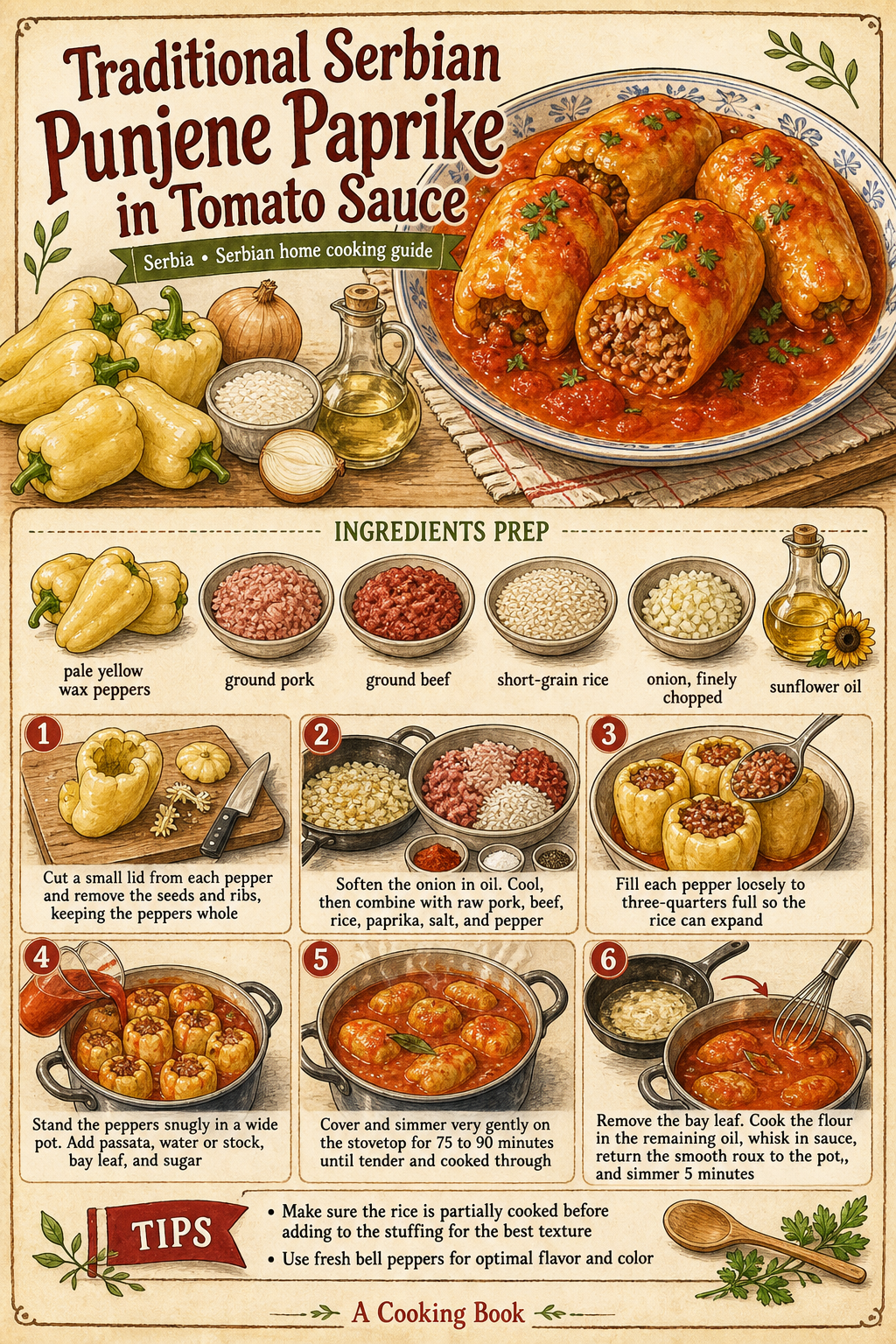 Traditional Serbian Punjene Paprike in Tomato Sauce illustrated step-by-step cooking guide
