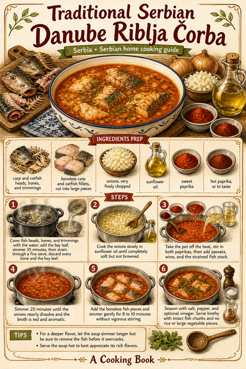Traditional Serbian Danube Riblja Čorba illustrated step-by-step cooking guide